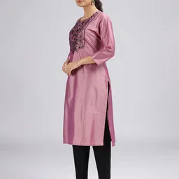COTTON CULTURE Floral Embroidered Round Neck Thread Work Straight Kurtas image 3