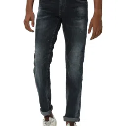 Mufti Dark Blue Slim Fit Lightly Washed Distressed Jeans-image-70