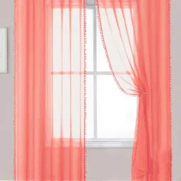 Urban Space Peach Cotton Pom Pom Sheer Door Curtain - Set of 2-picture-32