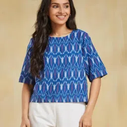 Fabindia Women's Blue Woven Design Round Neck Elbow Sleeves Top-picture-21