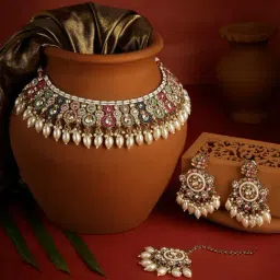 Zaveri Pearls Multicolor Dazzling Stones Beads Drop Necklace Earrings & Maangtikka Set-image-60