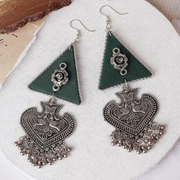 Teejh Ethnic Zue Dark Green Fabric and Silver Oxidized Dangler Earring-picture-23