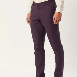 Jainish Maroon Cotton Tapered Fit Checks Flat Front Trousers image 3