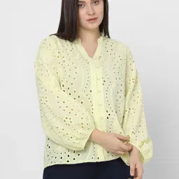Vero Moda Curve Light Yellow Cotton Self Design Top-picture-22