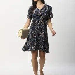 R&B Navy Rayon Floral Print A-Line Dress image 4