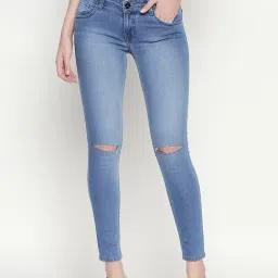 High Star Blue Cotton Distressed Slim Fit High Rise Jeans-image-0