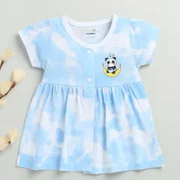 Bumzee Girls White & Sky Blue Cap Sleeves Cotton Knee Length Frock-picture-46