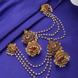 Priyaasi Beads Kemp Stones Gold-Plated Peacock Chained Jhumki Earring-picture-40