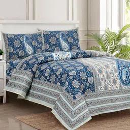 JAIPUR FABRIC Navy Blue Floral Printed Pure Cotton 280 TC King Bedsheets Set 2.74 x 2.54 m-picture-20
