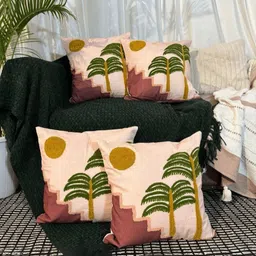 LUSHLYF Pink & Mustard 4 Pieces Embroidered Pure Cotton Square Cushion Covers-image-24