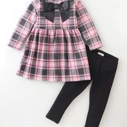 CrayonFlakes Polar Fleece Full Sleeves Checkered & Bow Detailed Fit & Flare Dress With Leggings - Pink-picture-20