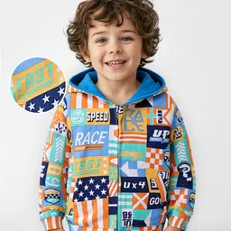 Babyhug Cotton Knit Full Sleeves Hooded Sweatjacket with Text Print - Multicolour-picture-33