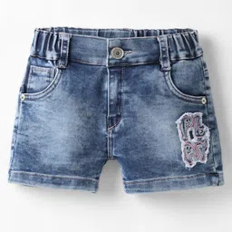 Olio Kids Denim Knit Above Knee Length Shorts with Play Text Patch - Light Blue-picture-25