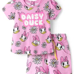 Babyhug Disney Single Jersey Knit Half Sleeves Co-ords Shorts Night Suit with Daisy Duck Graphics - Pink-picture-16