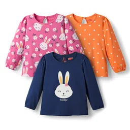 Babyhug 100% Cotton Knit Full Sleeves T-Shirts with Bunny & Polka Dots Print Pack of 3 - Navy Blue Pink & Orange-picture-16