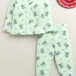 Bumzee Knit Full Sleeves Winter Wear Front Open T-Shirt & Lounge Pant Co-Ord Set With Koala Print - Light Green-picture-11