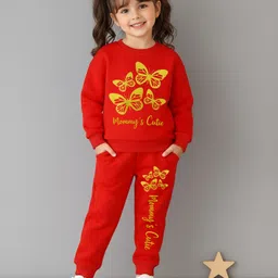 KUCHIPOO Fleece Knit Full Sleeves Mommys Cutie Text & Butterfly Printed Winter Sweatshirt & Joggers Set - Red-picture-16