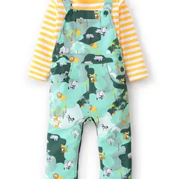 Babyhug 100% Cotton Knit Full Sleeves Inner Tee with Jungle Theme Printed  Dungaree - Orange Green image 2