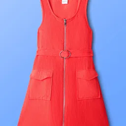 Hola Bonita Woven Corduroy Three Fourth Sleeves Dungaree Style Frock & Top with Belt Polka Dot Print - Red & White image 3