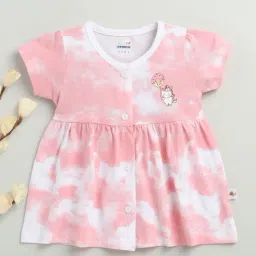 Bumzee Girls White & Pink Cap Sleeves Cotton Knee Length Frock-image-61