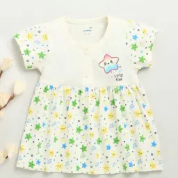 Bumzee Girls Cream Cap Sleeves Cotton Knee Length Frock-image-57