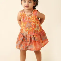Fabindia Kids Orange Cotton Floral Print Dress-image-76