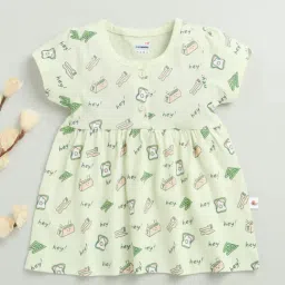 Bumzee Girls Green Cap Sleeves Cotton Knee Length Frock-image-75