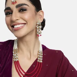 Peora Magenta Gold-Plated Kundan Studded Jewellery Set image 2