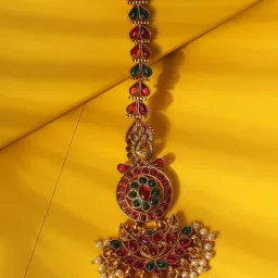 Aatmana Gold-Plated Red & Green Kemp Studded & Pearl Beaded Peacock MaangTikka for Women image 2