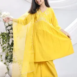 Misbis Girls Yellow Comfort Fit Embroidered Kurta Set-picture-15