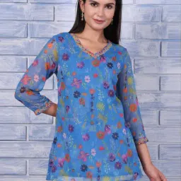 W Blue Regular Fit Floral Print Top-picture-35