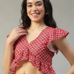 Oxolloxo Red Regular Fit Checked Crop Top image 3