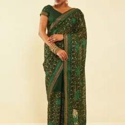 Soch Green Chiffon Floral Zari Embroidered Saree with Stonework-image-0