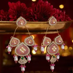 Zaveri Pearls Pink & Green Stones Beads Kundan Traditional Dangler Earrings-image-88