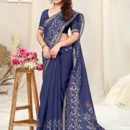 MIRCHI FASHION Navy Floral Print Saree With Unstitched Blouse Piece image 4