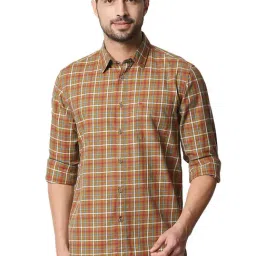 Basics Wood Thrush Brown Cotton Slim Fit Checks Shirt-picture-31