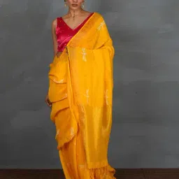 Chidiyaa Yellow Cotton Linen Hand Block Printed Saree-picture-18