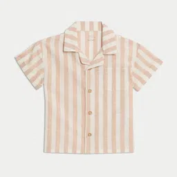 Marks & Spencer Boys Vertical Striped Cuban Collar Cotton Linen Shirt-picture-11