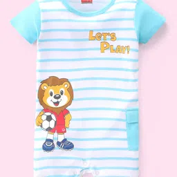 Babyhug 100% Cotton Knit Half Sleeves Striped Romper with Lion Print - Blue-picture-15