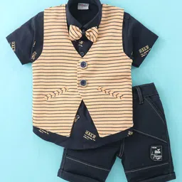 Dapper Dudes Half Sleeves Text Printed Shirt With Striped Waistcoat Bow & Shorts - Yellow-picture-21