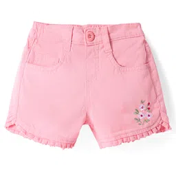 Babyhug Twill Woven Mid Thigh Shorts With Stretch Floral Embroidery & Frill Detailing - Pink-image-3