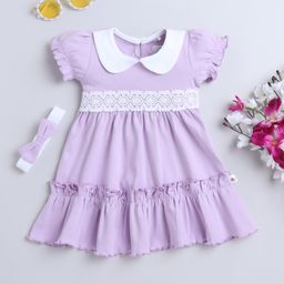 BUMZEE Interlock Knit Half Puffed Sleeves Schiffli Lace Detailed & Peter Pan Collared Dress with Headband - Lavender-picture-2