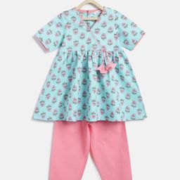 Campana 100% Cotton Half Sleeves Floral Printed Flared Kurta With Pants Set - Light Blue & Light Pink-picture-19