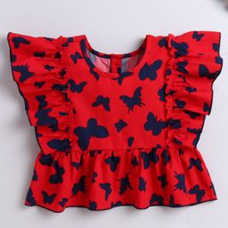 The Magic Wand Cotton Sleeveless Frill Detailed Butterfly Printed Top - Red-picture-49