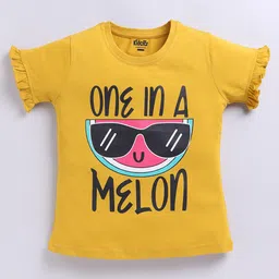 Kidcity Cotton Knit Half Sleeves One In A Melon Text Printed Top - Mustard-picture-16