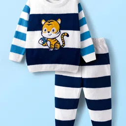 Babyhug Knit Full Sleeves Sweater Set with Stripes & Tiger Patch - White & Navy Blue-picture-38