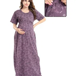 Fabme Sinker Knit Half Sleeves Geometric Printed Maternity Nighty With Horizontal Zipper Nursing Access - Purple image 1