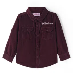 Babyhug Cotton Woven Full Sleeves Corduroy Shirt Text Embroidery - Wine image 2