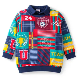 Babyhug Terry Knit Full Sleeves T-Shirt & Lounge Pants Set with Sports Theme Print - Navy Blue image 2