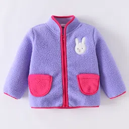 Kookie Kids Full Sleeves High Neck Collared Winter Fur Jacket with Bunny Applique - Violet image 3